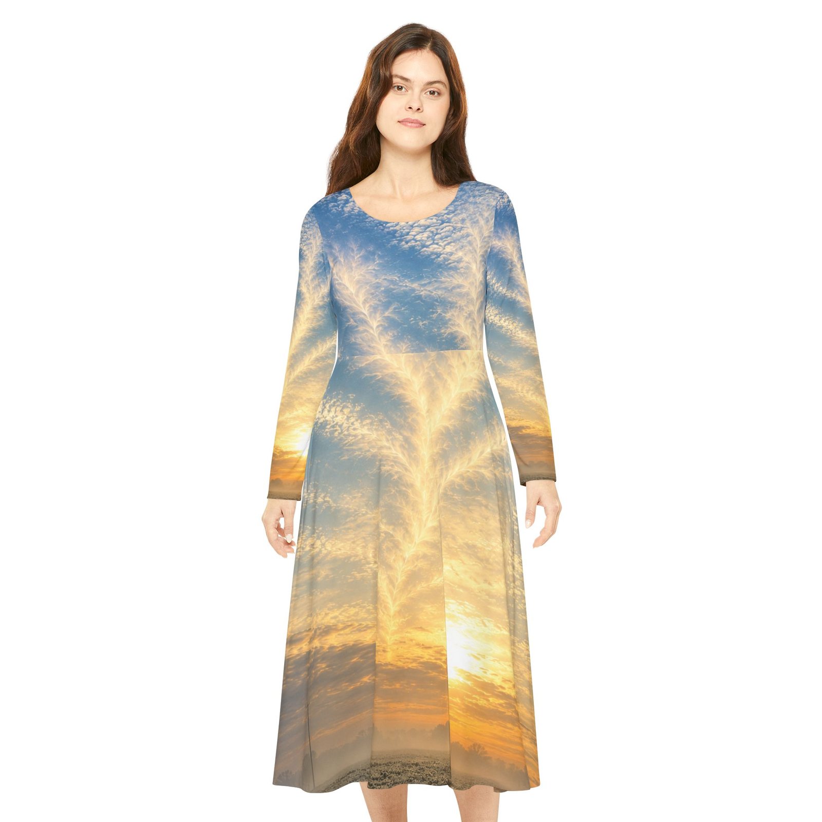 echoflame sunrise sky long sleeve dance dress — scenic all over print echoflame sunrise sky long sleeve dance dress — scenic all over print