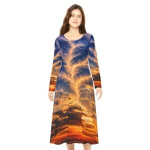 Home echoflame sunset sky print long sleeve dance dress — vibrant sunset clouds aop