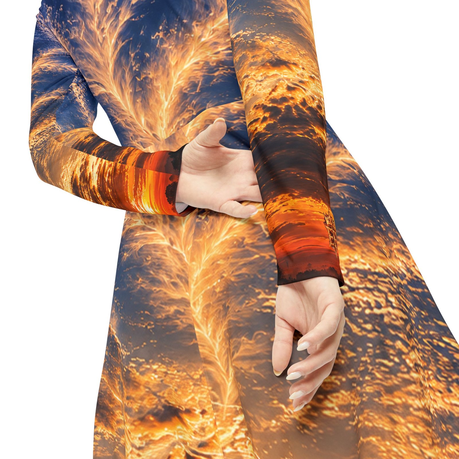 echoflame sunset sky print long sleeve dance dress — vibrant sunset clouds aop echoflame sunset sky print long sleeve dance dress — vibrant sunset clouds aop