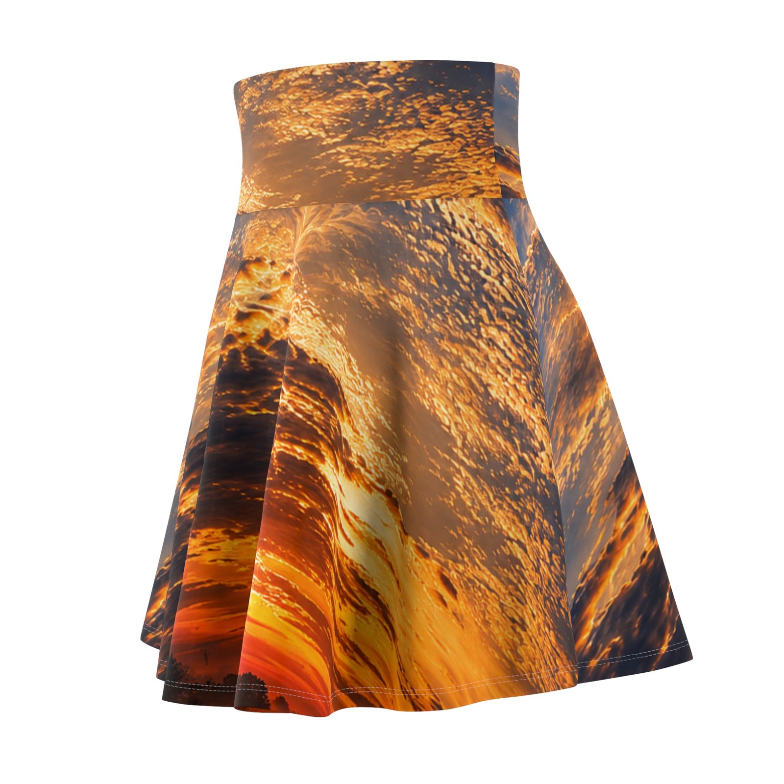 echoflame sunset sky skater skirt — vibrant golden cloud print echoflame sunset sky skater skirt — vibrant golden cloud print