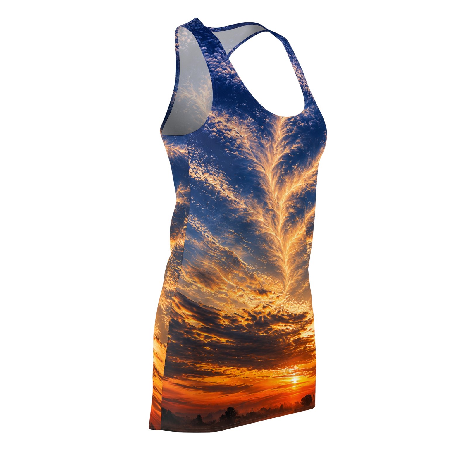 echoflame sunset sky racerback dress — golden feather cloud print echoflame sunset sky racerback dress — golden feather cloud print