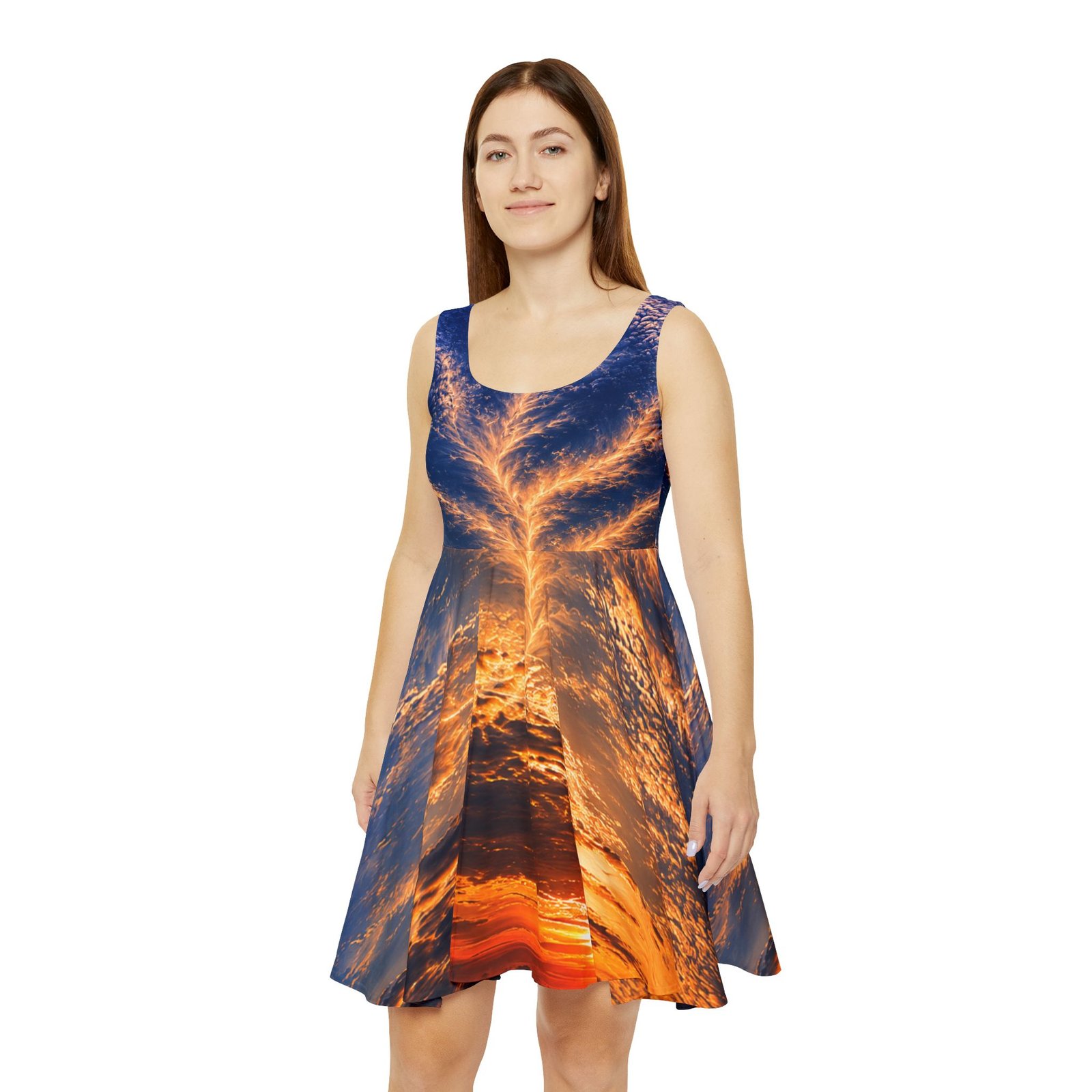 echoflame sunset sky skater dress — golden cloud sunset print echoflame sunset sky skater dress — golden cloud sunset print