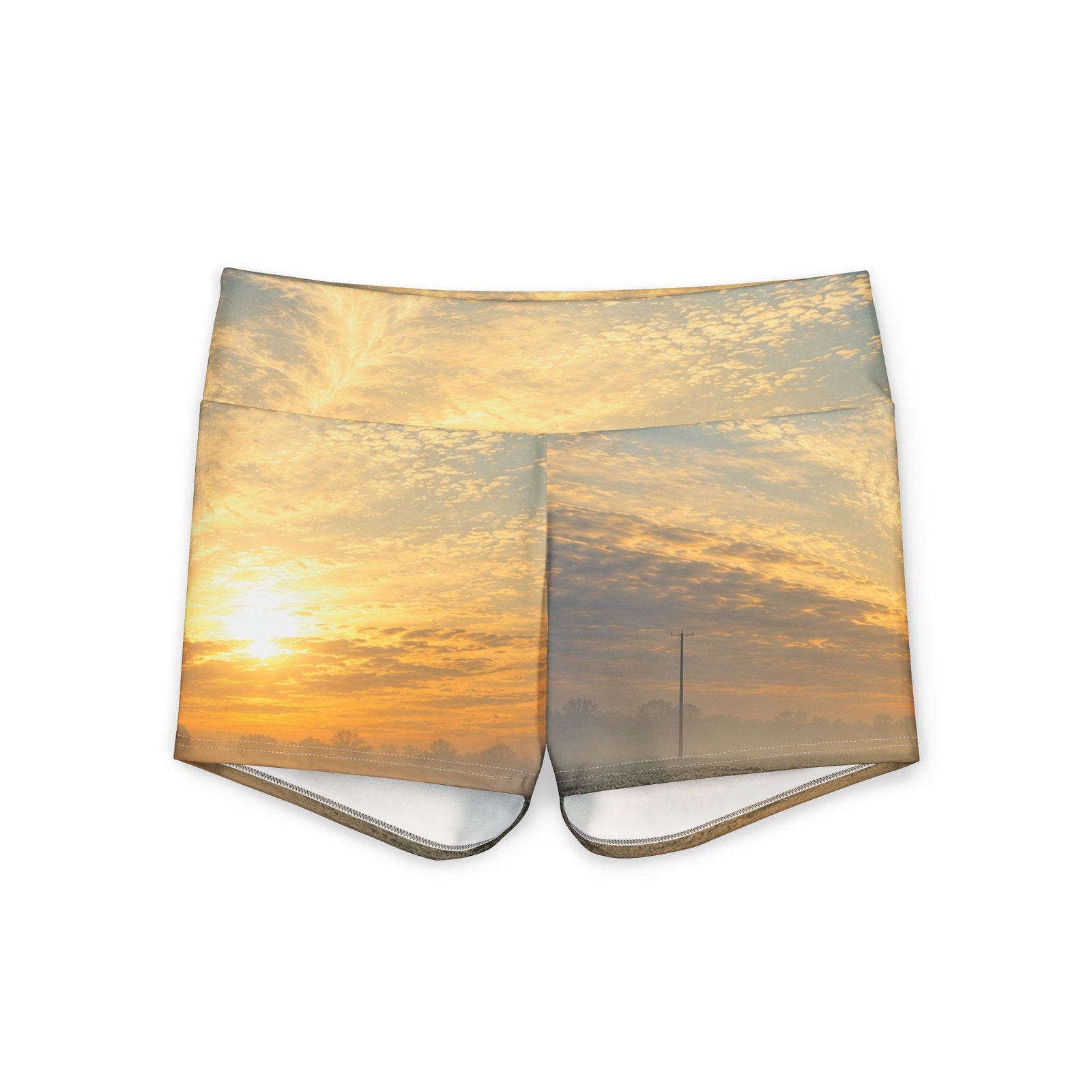 echoflame sunrise sky yoga shorts — women's sunset print activewear echoflame sunrise sky yoga shorts — women's sunset print activewear