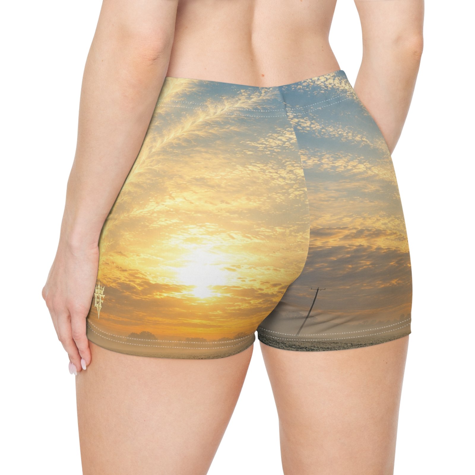 echoflame sunrise sky women's shorts – coastal sunset photo print echoflame sunrise sky women's shorts – coastal sunset photo print
