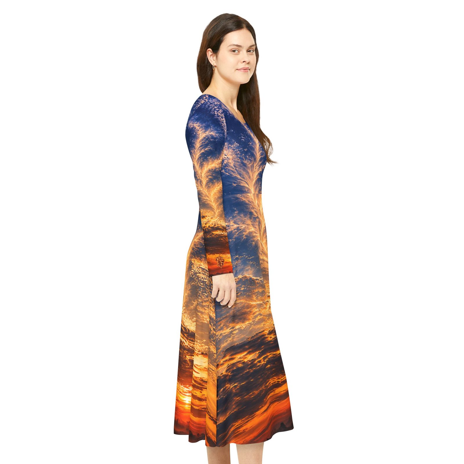 echoflame sunset sky print long sleeve dance dress — vibrant sunset clouds aop echoflame sunset sky print long sleeve dance dress — vibrant sunset clouds aop