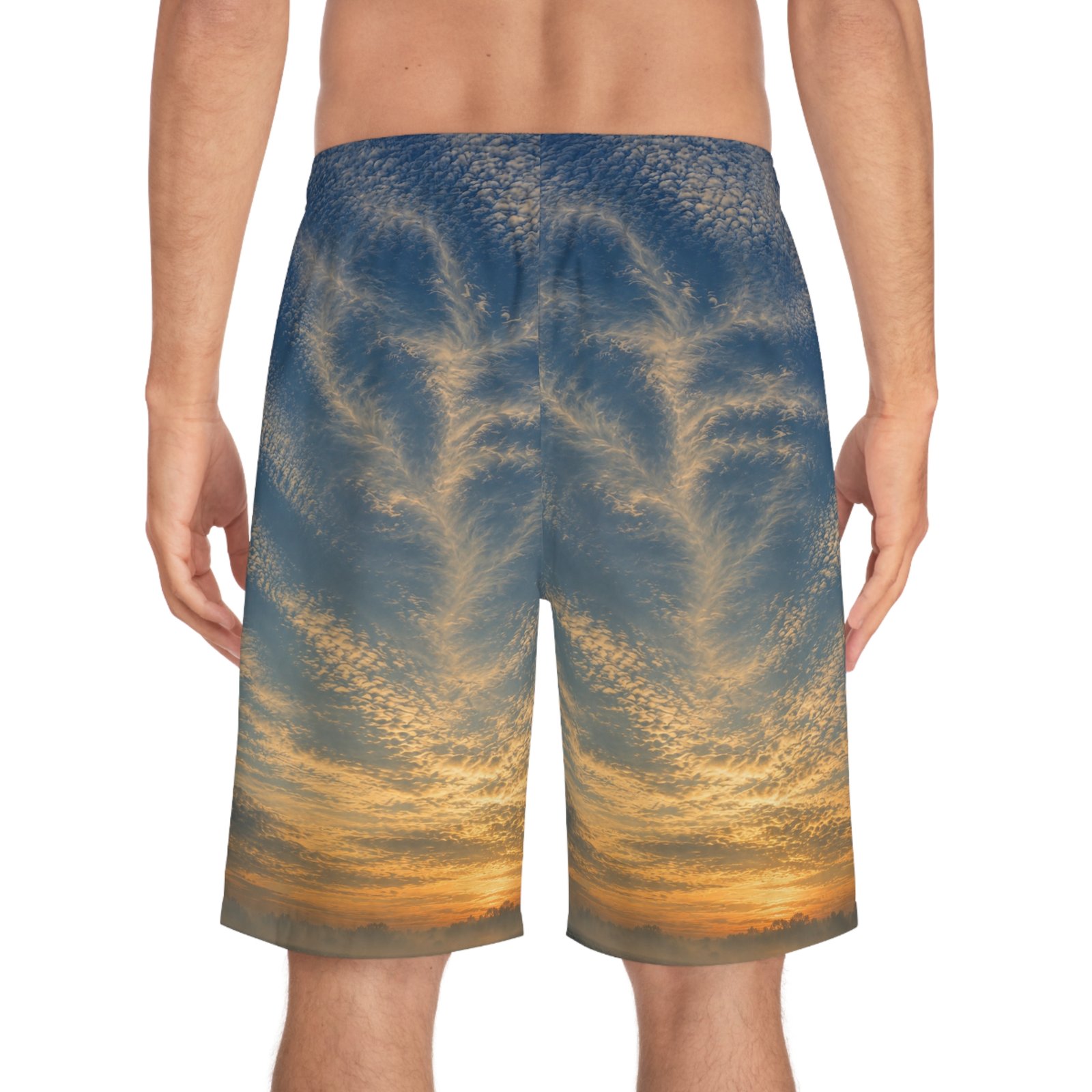echoflame sunset cloudscape board shorts — men’s all over print beach trunks echoflame sunset cloudscape board shorts — men’s all over print beach trunks