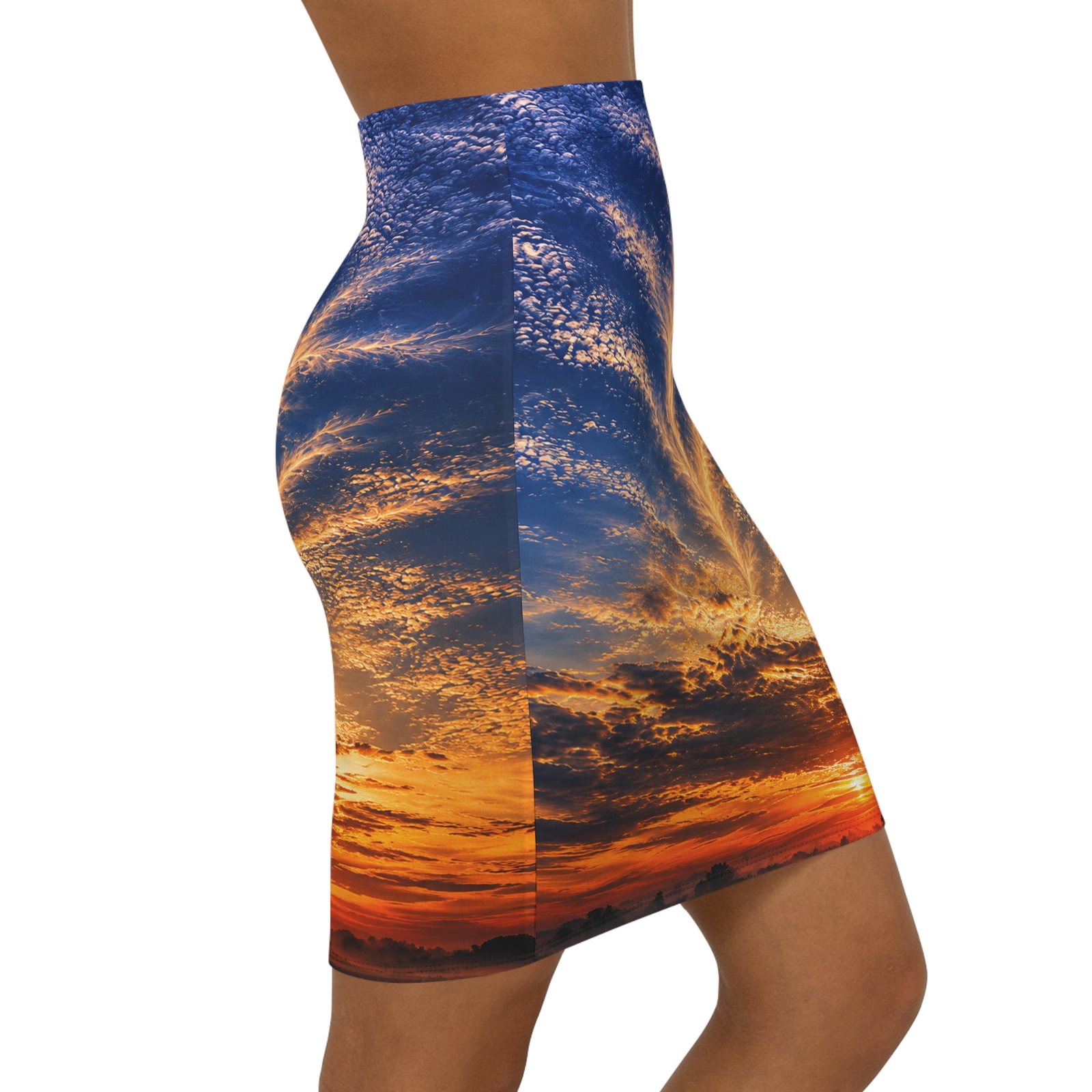echoflame sunrise cloudburst pencil skirt — scenic sunset print mid waist skirt echoflame sunrise cloudburst pencil skirt — scenic sunset print mid waist skirt