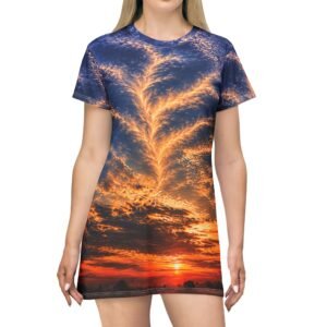 echoflame sunset sky t shirt dress — golden cloudburst aop dress