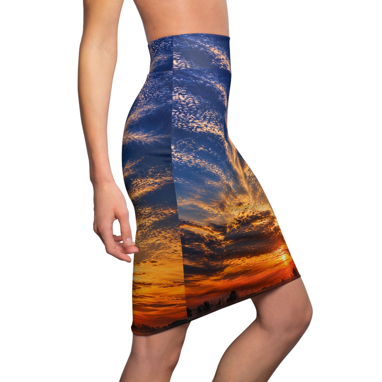 echoflame sunset feather clouds pencil skirt — sunset sky print women’s skirt echoflame sunset feather clouds pencil skirt — sunset sky print women’s skirt