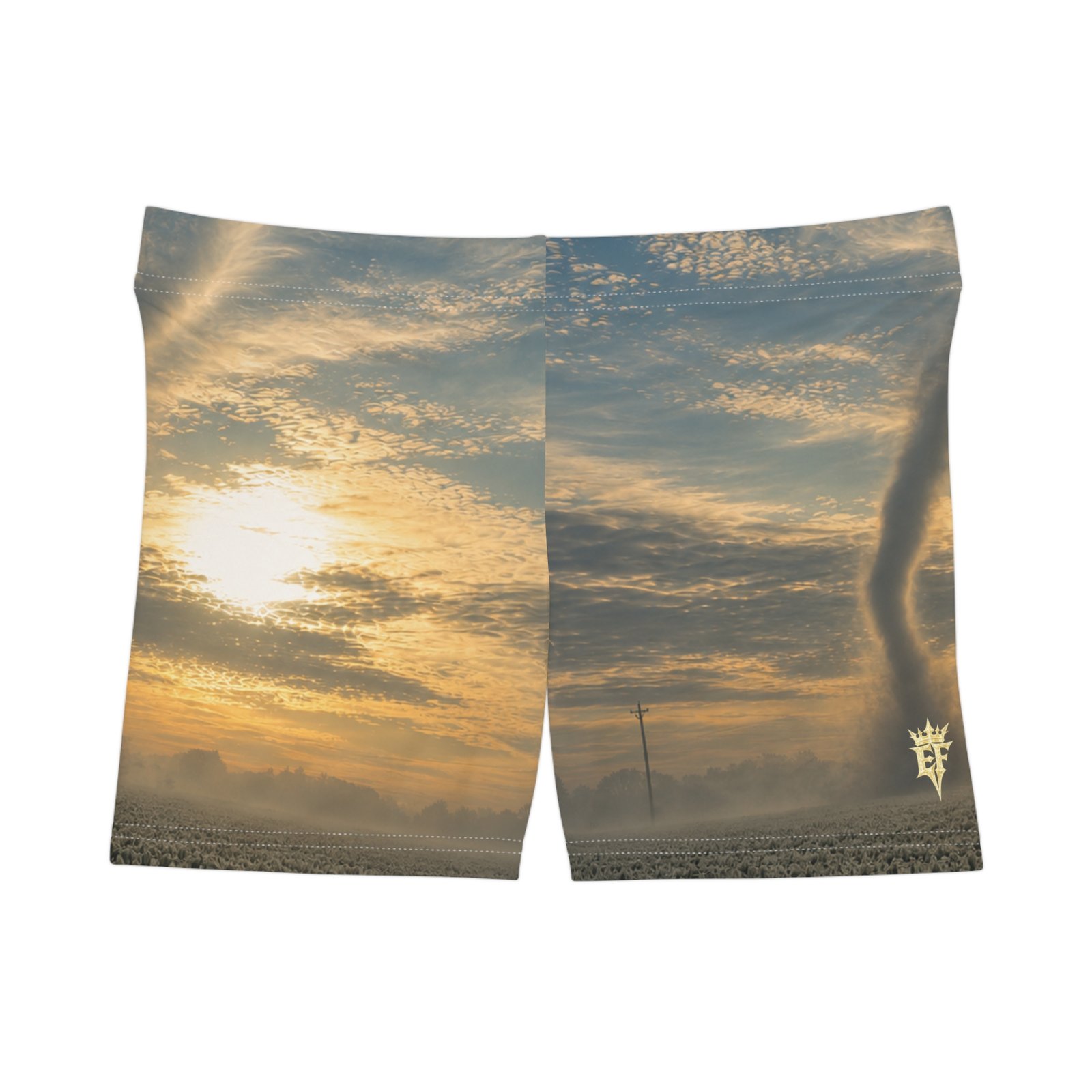 echoflame sunset sky women's shorts — golden cloudscape all over print echoflame sunset sky women's shorts — golden cloudscape all over print
