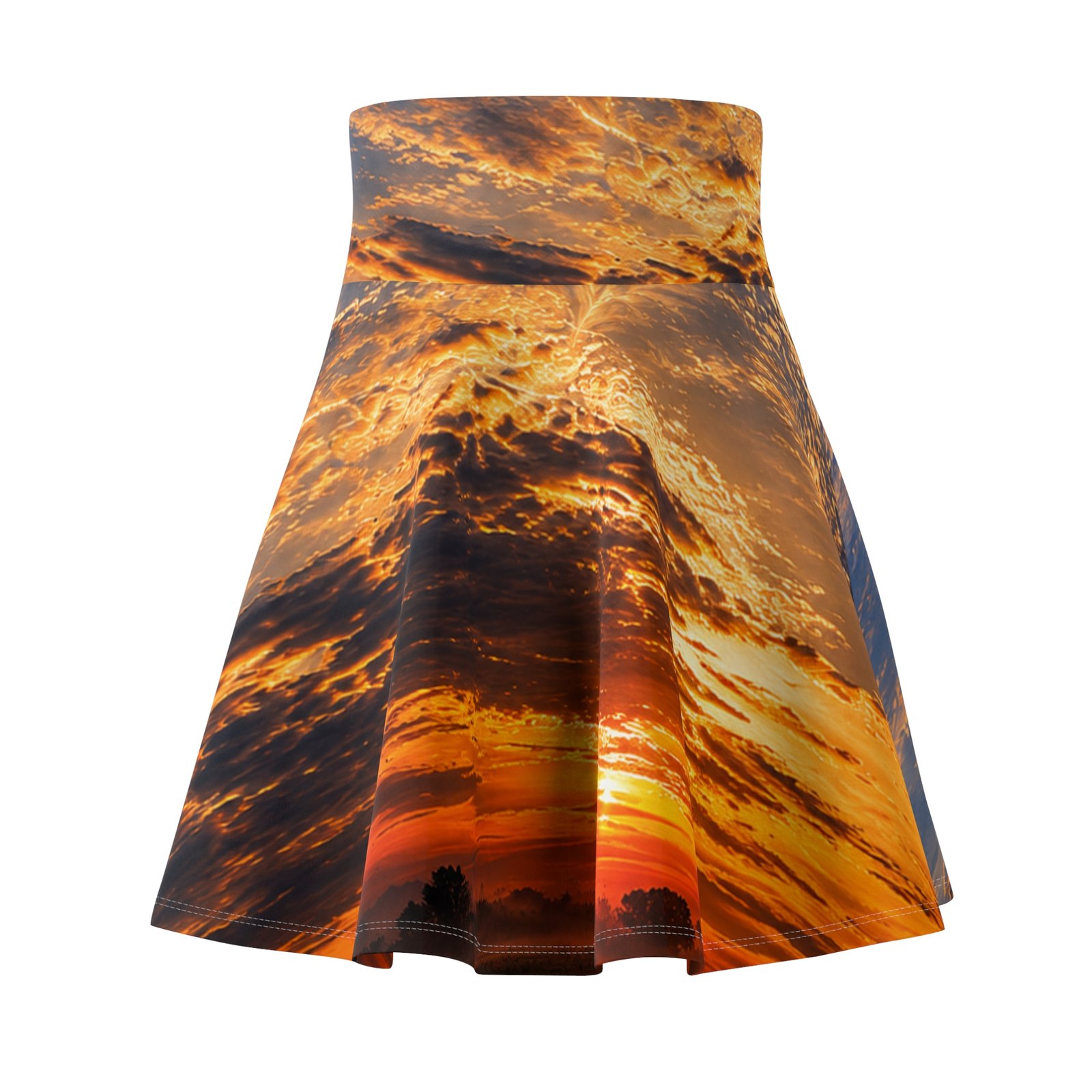 echoflame sunset sky skater skirt — vibrant golden cloud print echoflame sunset sky skater skirt — vibrant golden cloud print