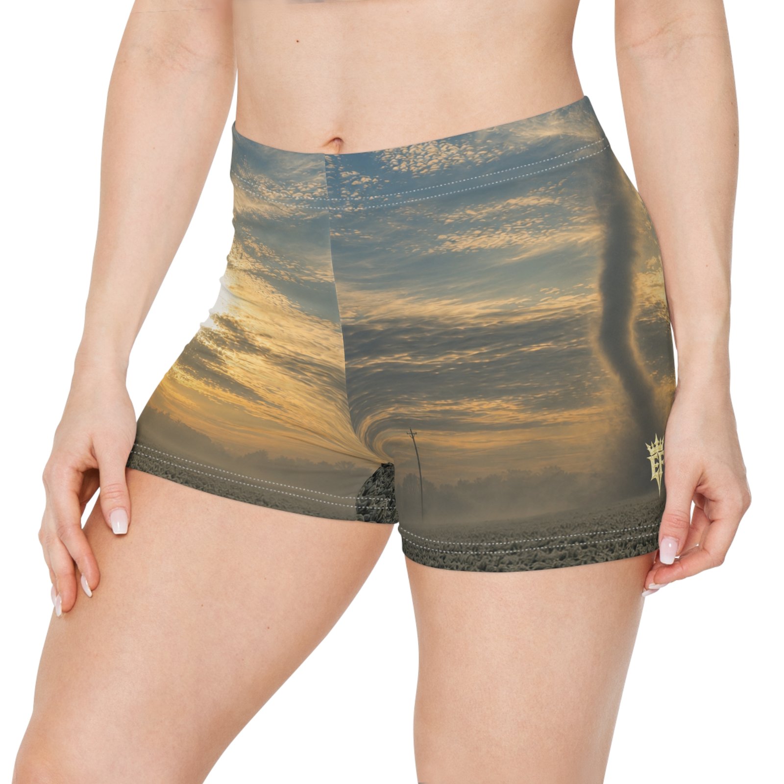 echoflame sunset sky women's shorts — golden cloudscape all over print echoflame sunset sky women's shorts — golden cloudscape all over print