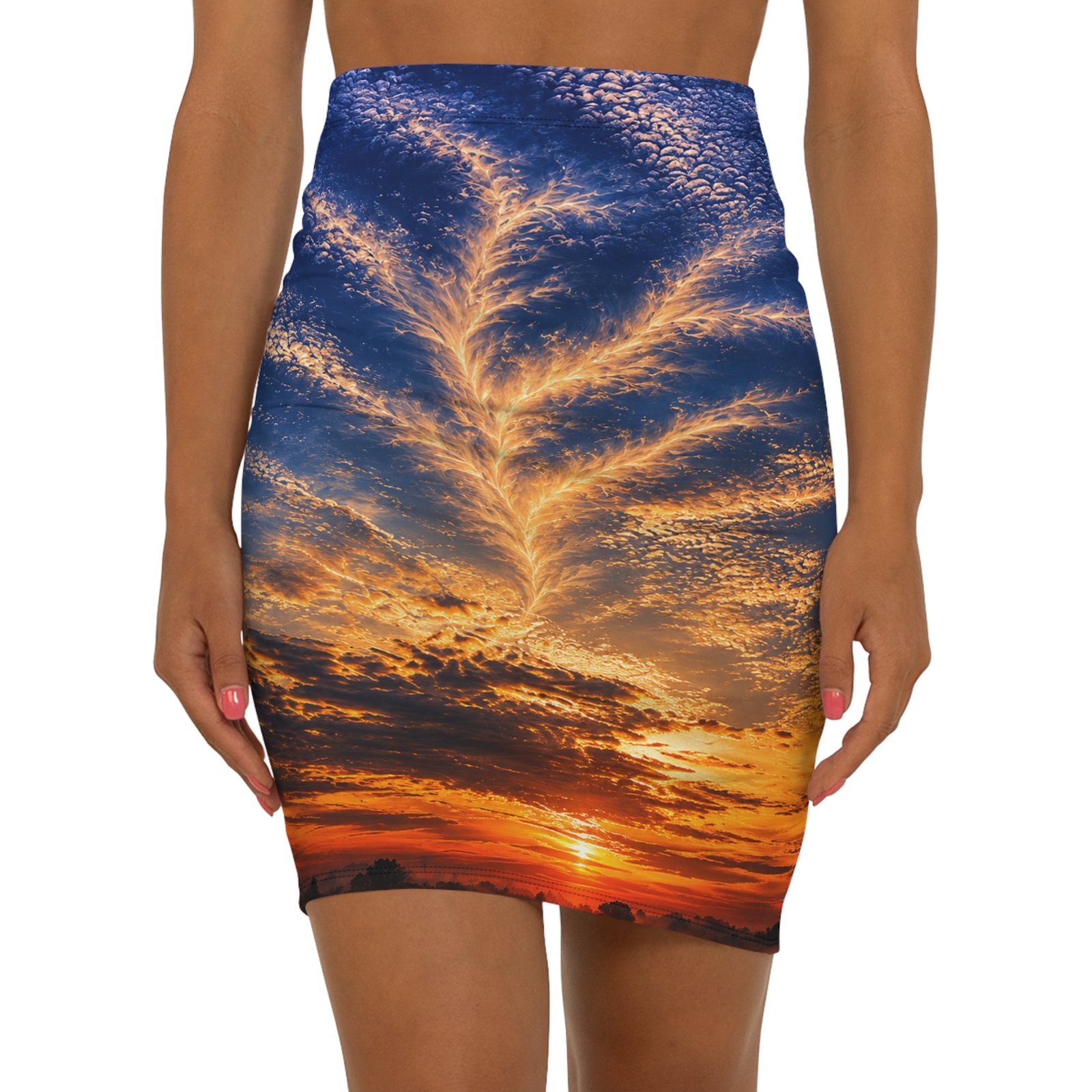 echoflame sunrise cloudburst pencil skirt — scenic sunset print mid waist skirt echoflame sunrise cloudburst pencil skirt — scenic sunset print mid waist skirt