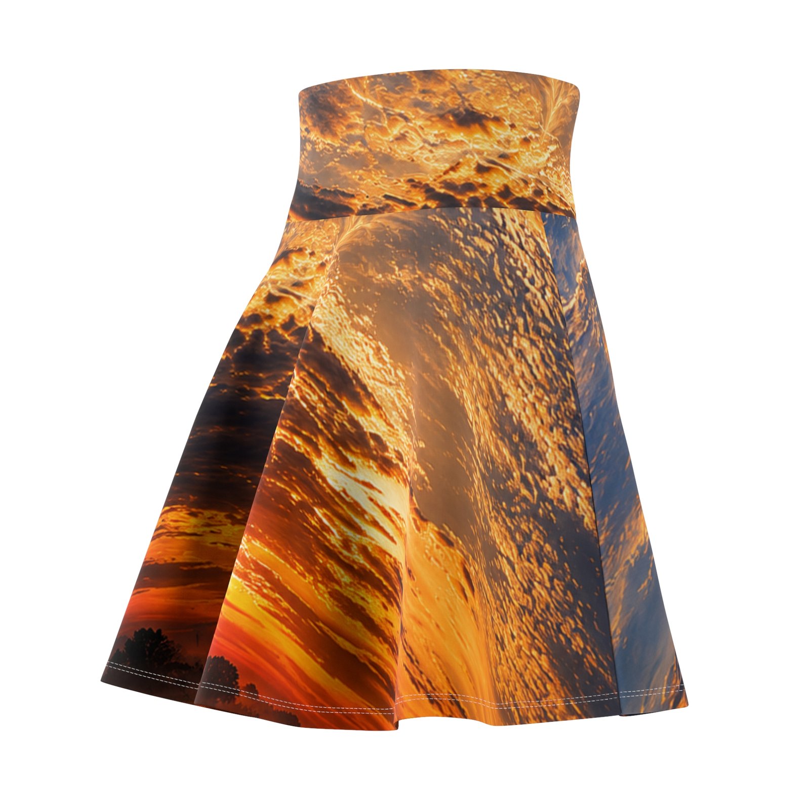 echoflame sunset sky skater skirt — vibrant golden cloud print echoflame sunset sky skater skirt — vibrant golden cloud print