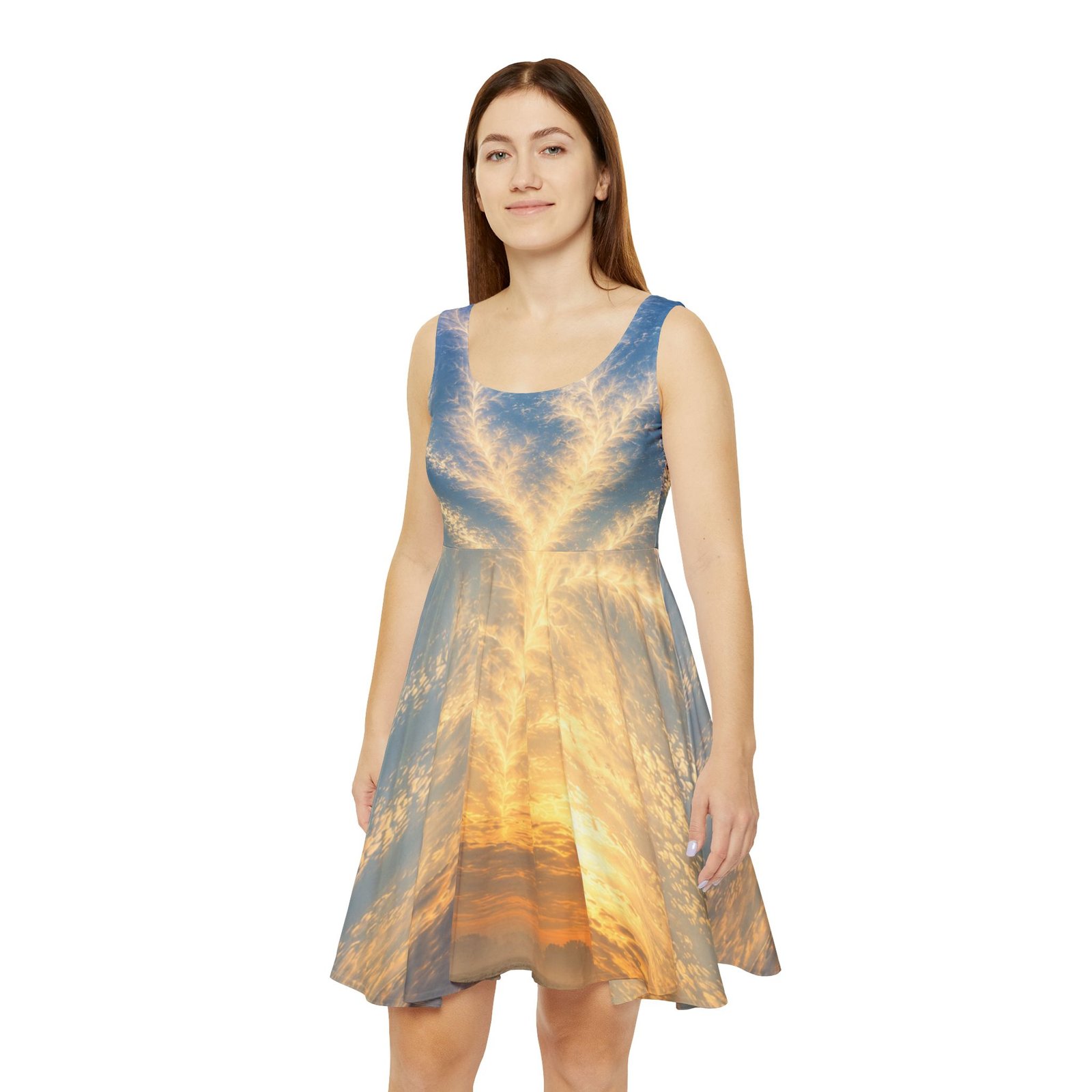 echoflame sunset sky skater dress — all over print sunrise clouds dress echoflame sunset sky skater dress — all over print sunrise clouds dress