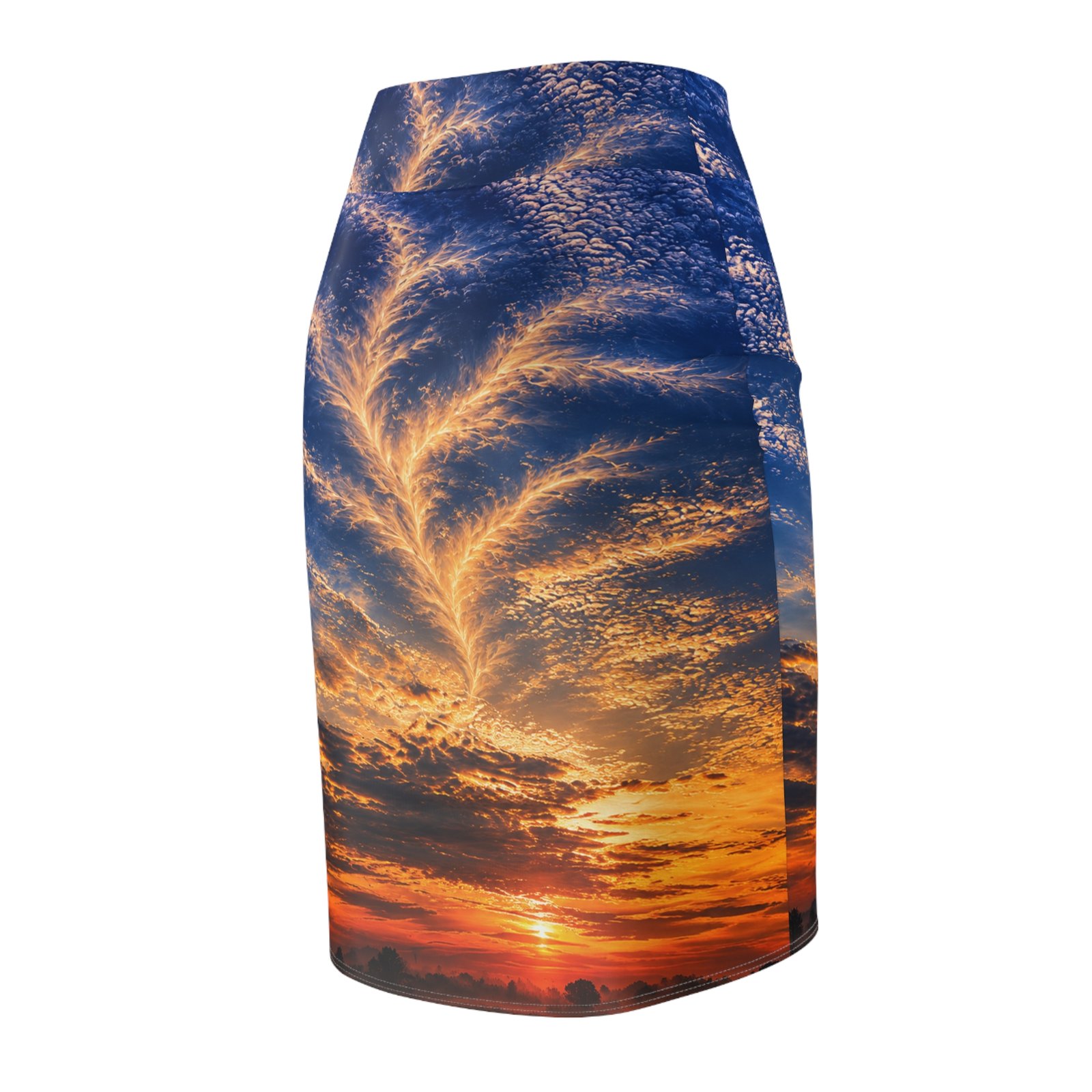 echoflame sunset feather clouds pencil skirt — sunset sky print women’s skirt echoflame sunset feather clouds pencil skirt — sunset sky print women’s skirt