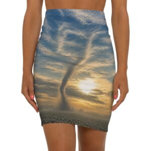 echoflame sunset tornado print pencil skirt — dramatic stormscape mid waist skirt