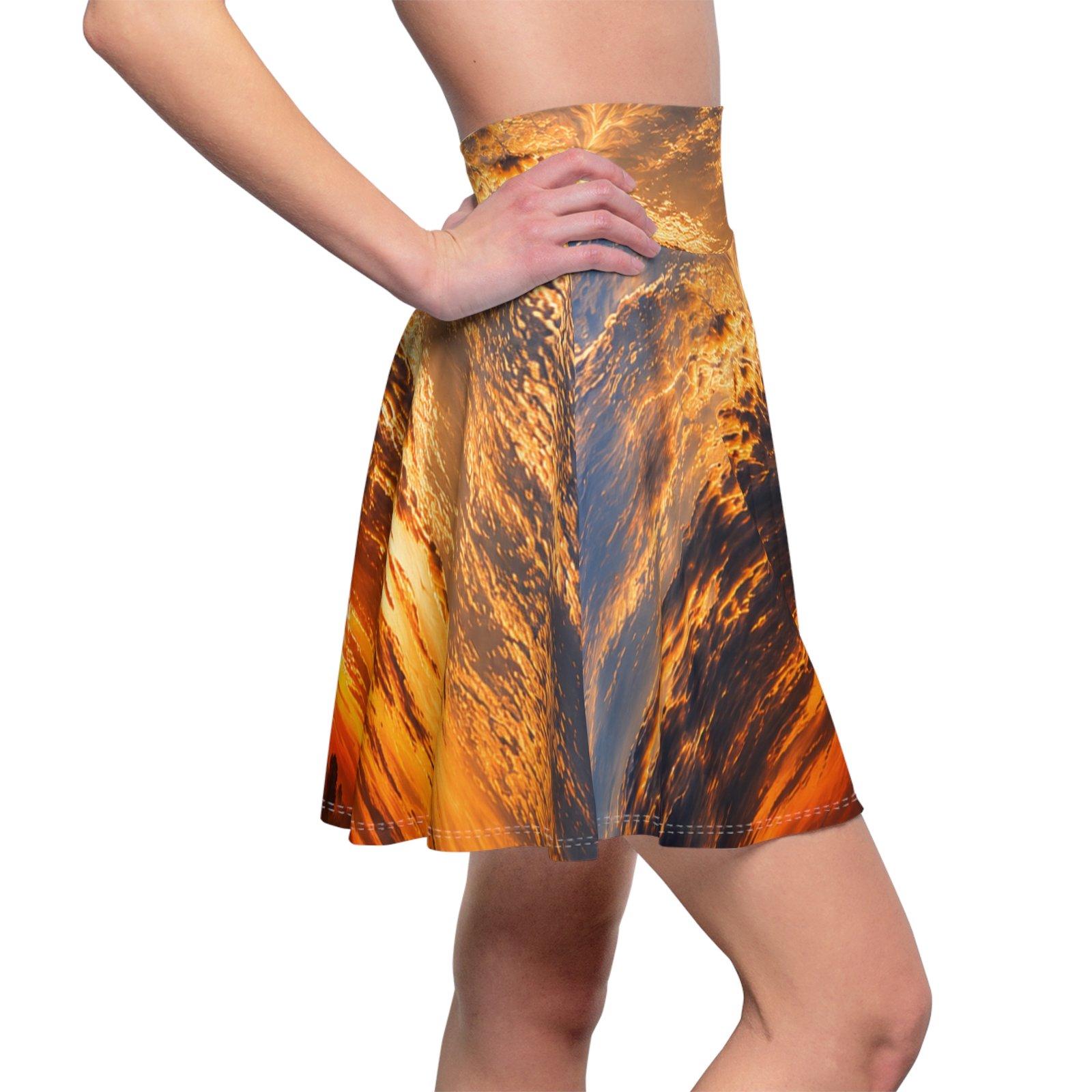 echoflame sunset sky skater skirt — vibrant golden cloud print echoflame sunset sky skater skirt — vibrant golden cloud print