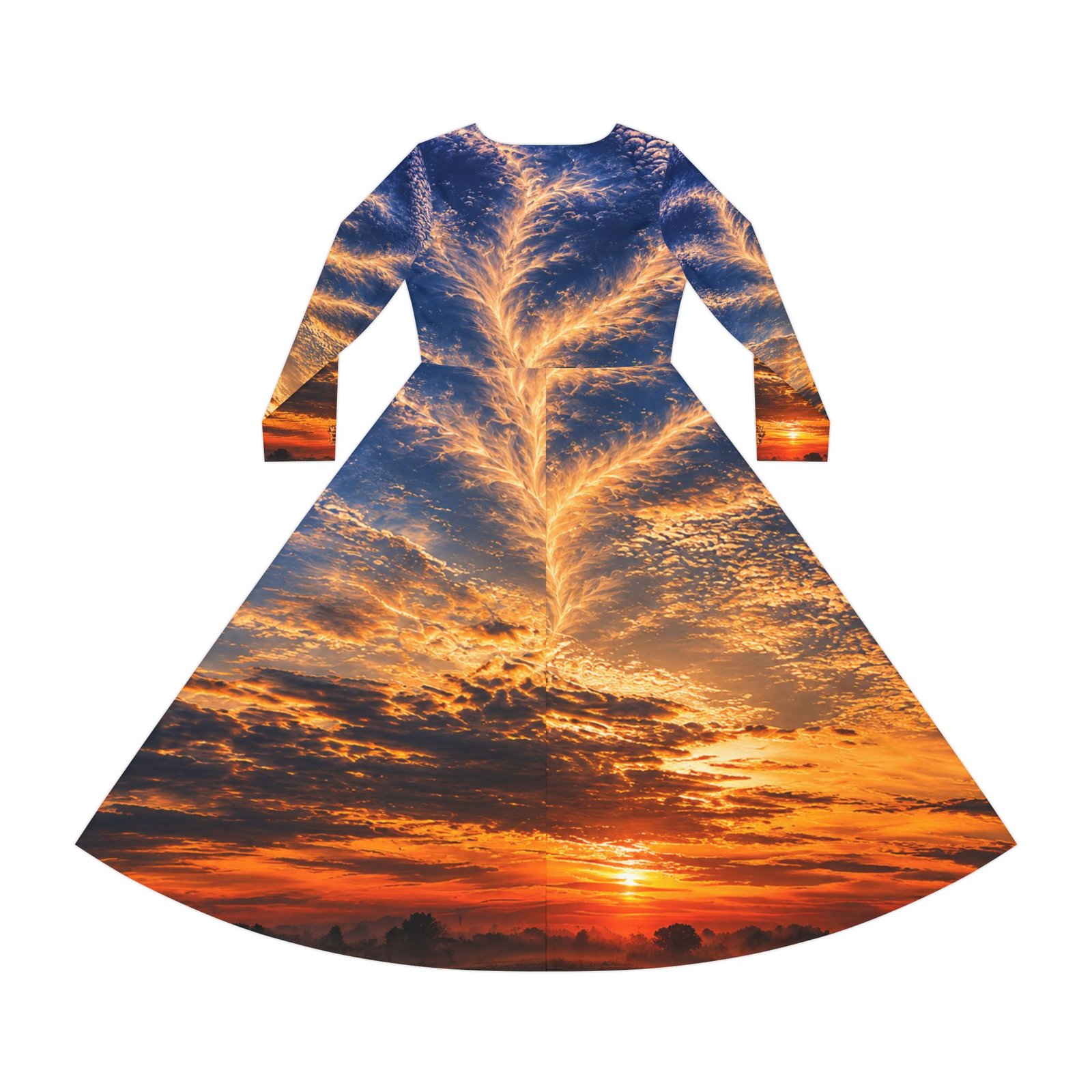 echoflame sunset sky print long sleeve dance dress — vibrant sunset clouds aop echoflame sunset sky print long sleeve dance dress — vibrant sunset clouds aop