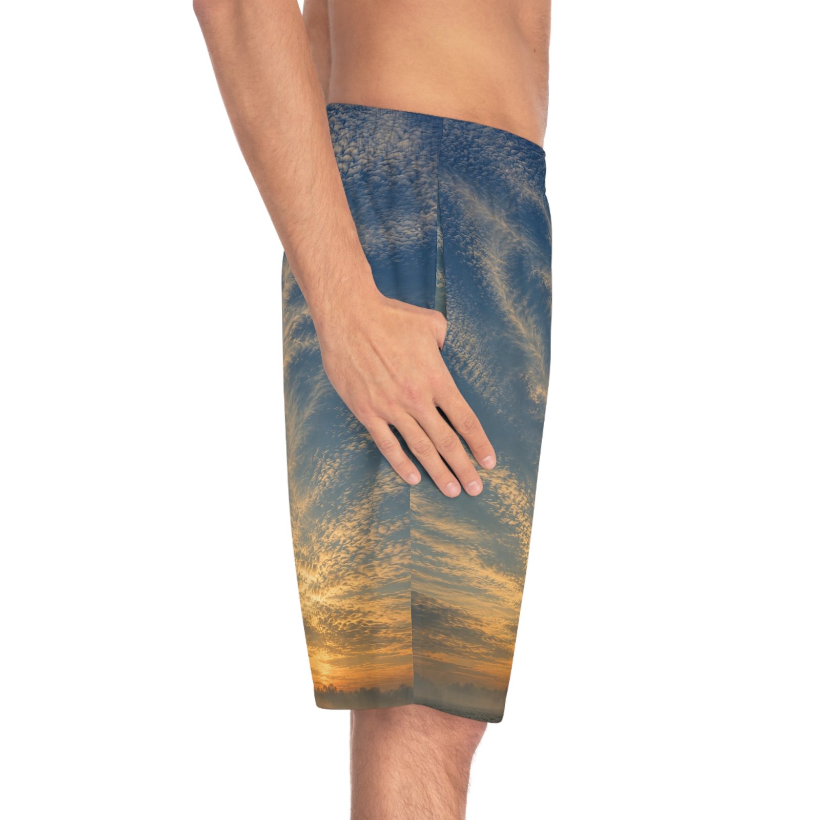 echoflame sunset cloudscape board shorts — men’s all over print beach trunks echoflame sunset cloudscape board shorts — men’s all over print beach trunks