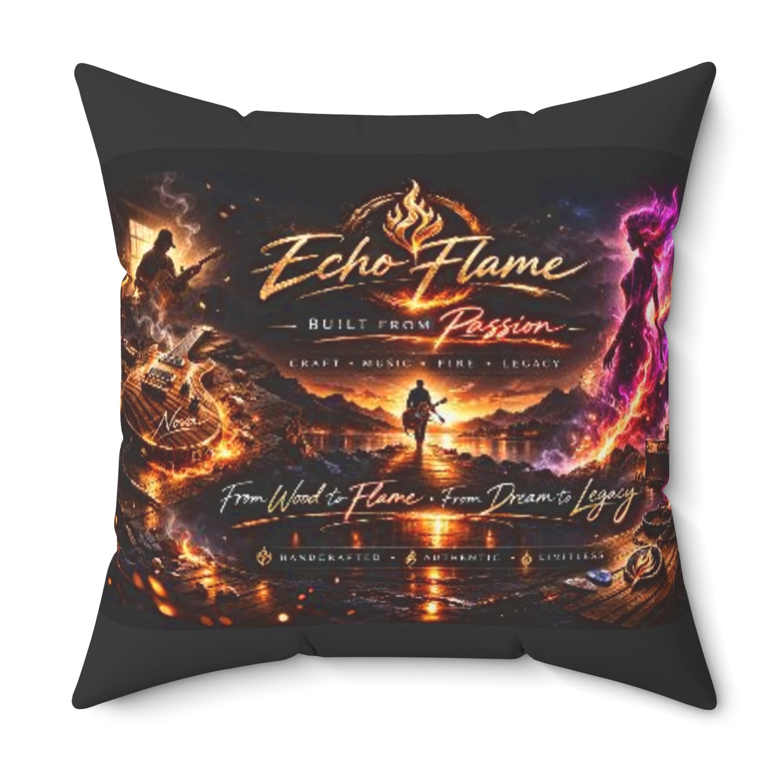 echo flame decorative pillow — 'echo flame: built from passion' graphic throw cushion echo flame decorative pillow — 'echo flame: built from passion' graphic throw cushion