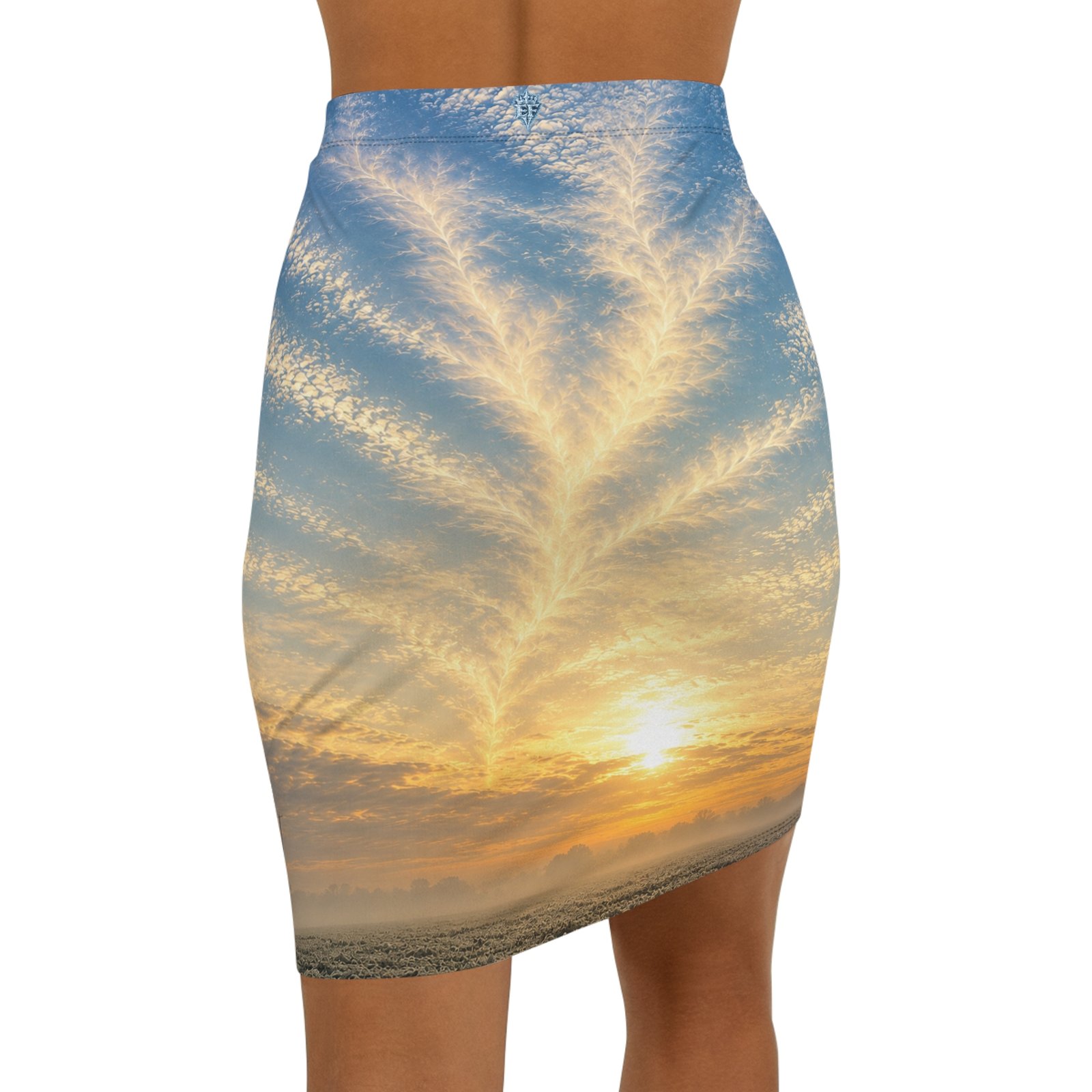 echoflame sunrise sky pencil skirt — scenic cloud print midi echoflame sunrise sky pencil skirt — scenic cloud print midi