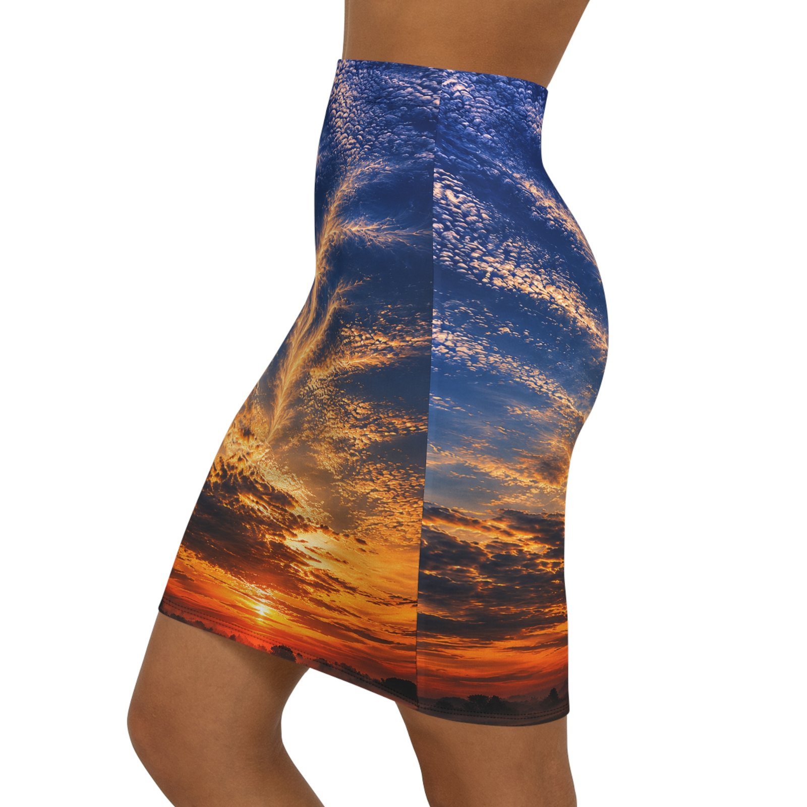echoflame sunrise cloudburst pencil skirt — scenic sunset print mid waist skirt echoflame sunrise cloudburst pencil skirt — scenic sunset print mid waist skirt