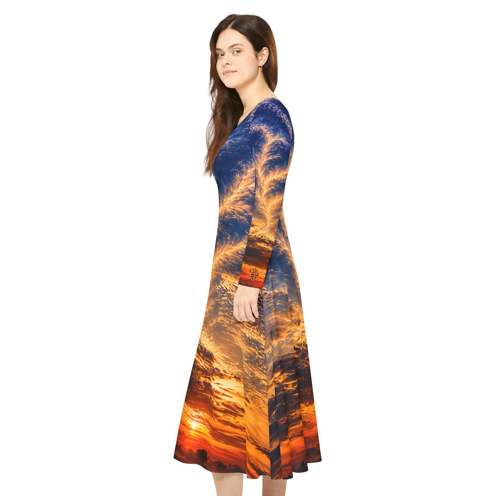 echoflame sunset sky print long sleeve dance dress — vibrant sunset clouds aop echoflame sunset sky print long sleeve dance dress — vibrant sunset clouds aop
