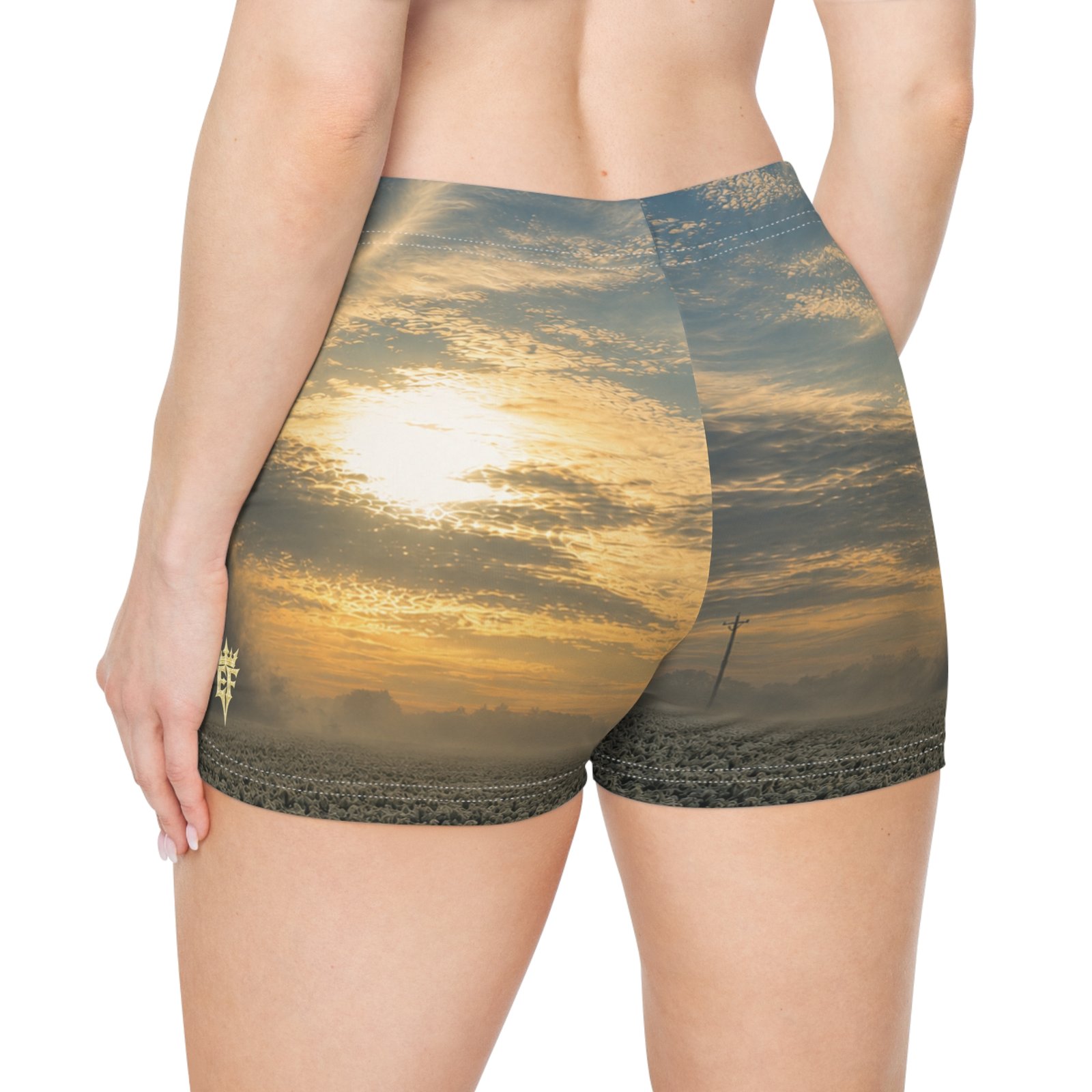 echoflame sunset sky women's shorts — golden cloudscape all over print echoflame sunset sky women's shorts — golden cloudscape all over print