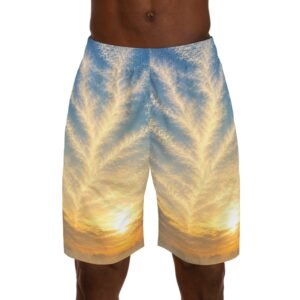 echoflame sunrise sky print jogger shorts — golden cloudburst all over print