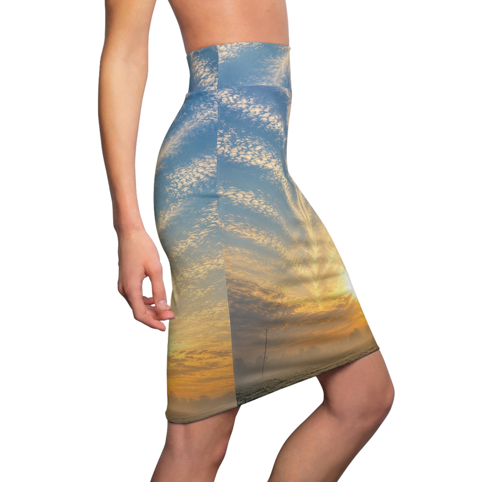echoflame sunrise sky pencil skirt — golden dawn cloud print echoflame sunrise sky pencil skirt — golden dawn cloud print
