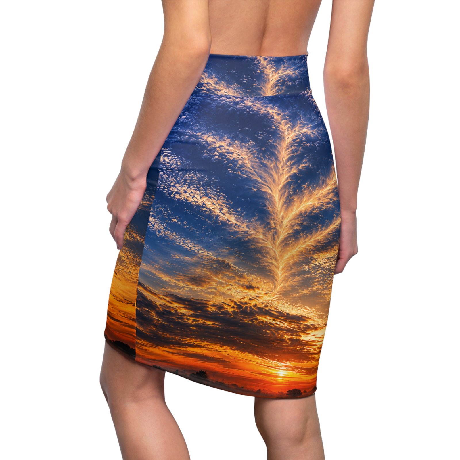 echoflame sunset feather clouds pencil skirt — sunset sky print women’s skirt echoflame sunset feather clouds pencil skirt — sunset sky print women’s skirt