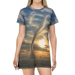 echoflame sunset prairie t shirt dress — all over print scenic sky dress