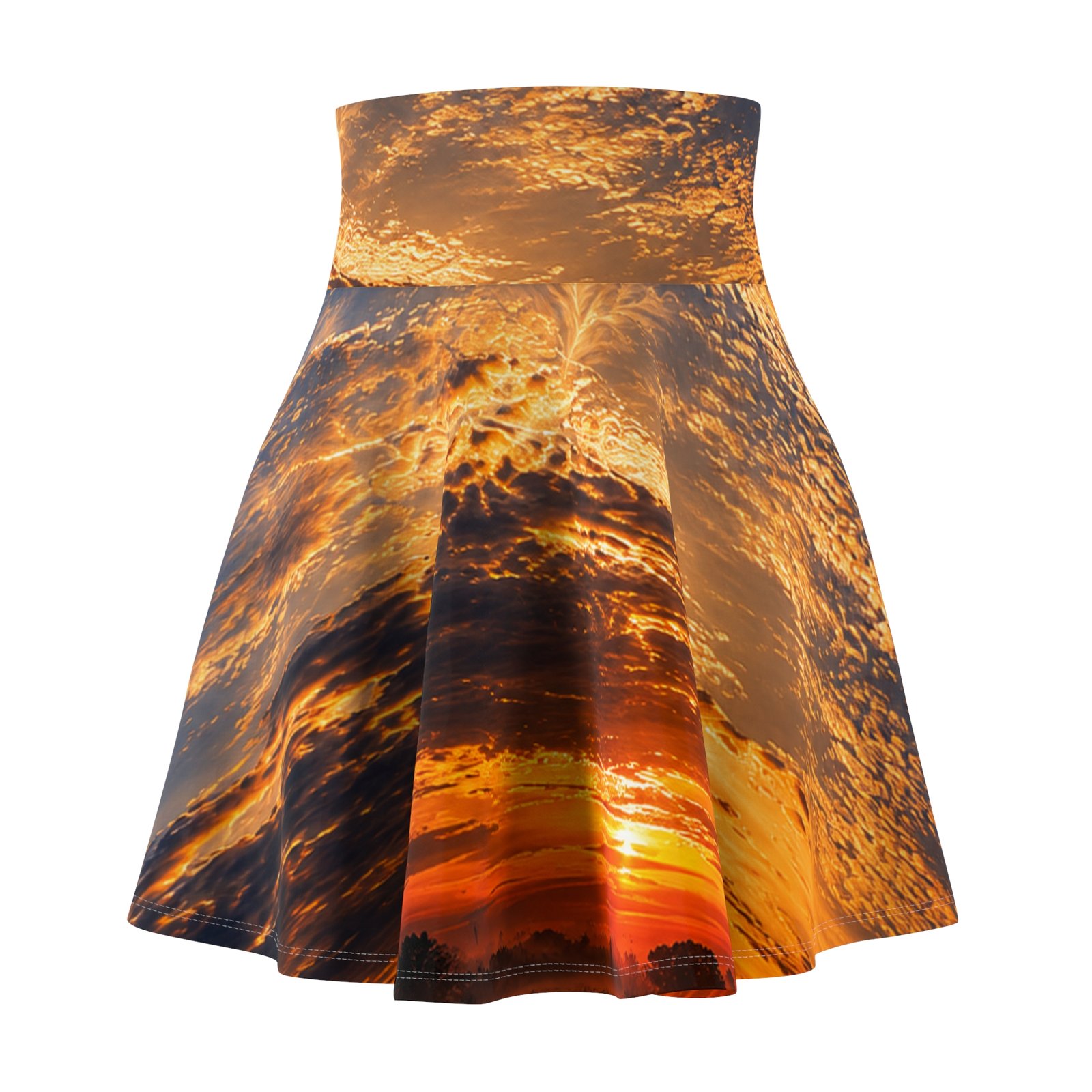 echoflame sunset sky skater skirt — vibrant golden cloud print echoflame sunset sky skater skirt — vibrant golden cloud print