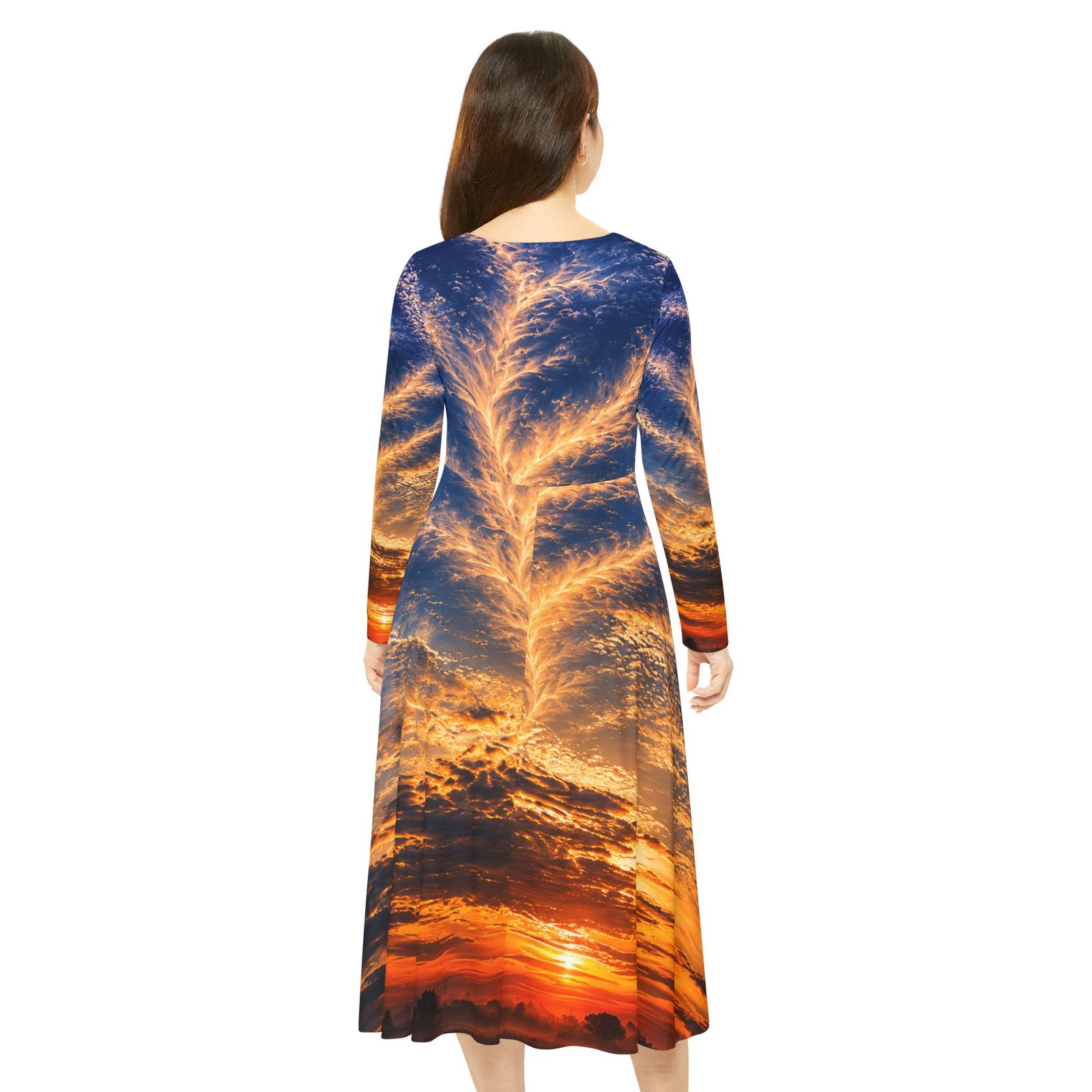 echoflame sunset sky print long sleeve dance dress — vibrant sunset clouds aop echoflame sunset sky print long sleeve dance dress — vibrant sunset clouds aop