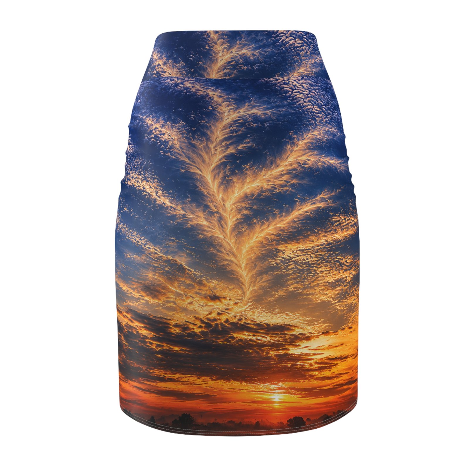 echoflame sunset feather clouds pencil skirt — sunset sky print women’s skirt echoflame sunset feather clouds pencil skirt — sunset sky print women’s skirt