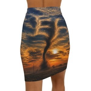 echoflame sunset tornado pencil skirt — dramatic sky print mid waist skirt