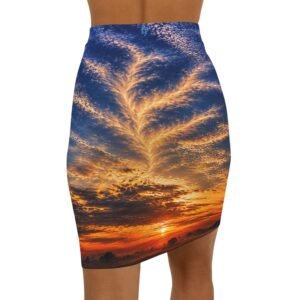 echoflame sunrise cloudburst pencil skirt — scenic sunset print mid waist skirt