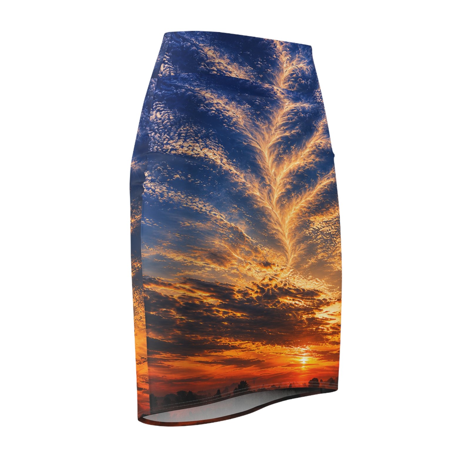 echoflame sunset feather clouds pencil skirt — sunset sky print women’s skirt echoflame sunset feather clouds pencil skirt — sunset sky print women’s skirt