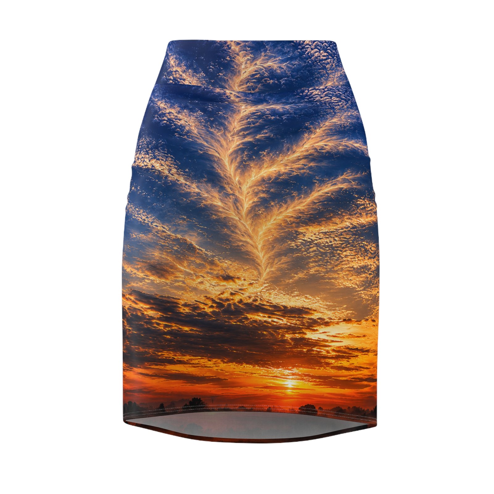 echoflame sunset feather clouds pencil skirt — sunset sky print women’s skirt echoflame sunset feather clouds pencil skirt — sunset sky print women’s skirt