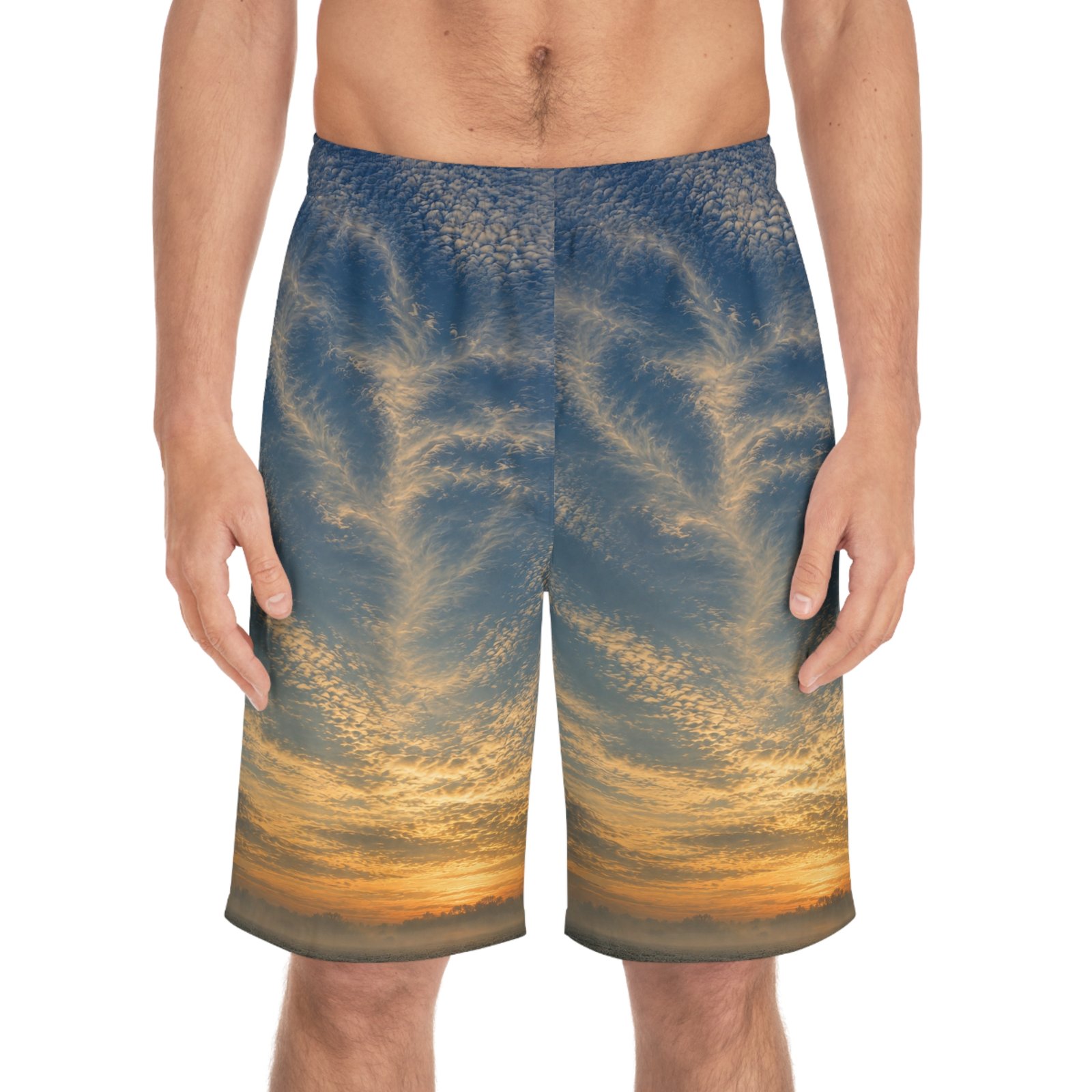 echoflame sunset cloudscape board shorts — men’s all over print beach trunks echoflame sunset cloudscape board shorts — men’s all over print beach trunks