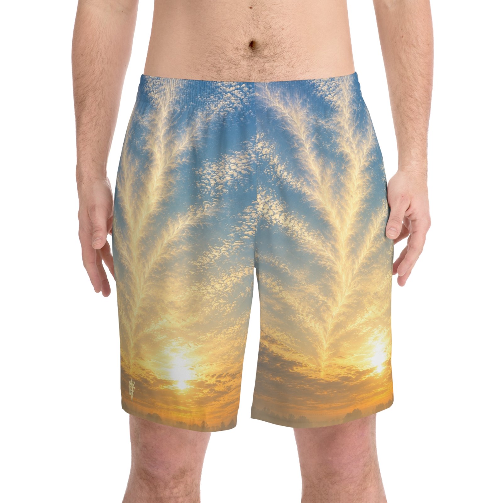 echoflame sunrise sky beach shorts — men’s tropical sunset swim trunks echoflame sunrise sky beach shorts — men’s tropical sunset swim trunks