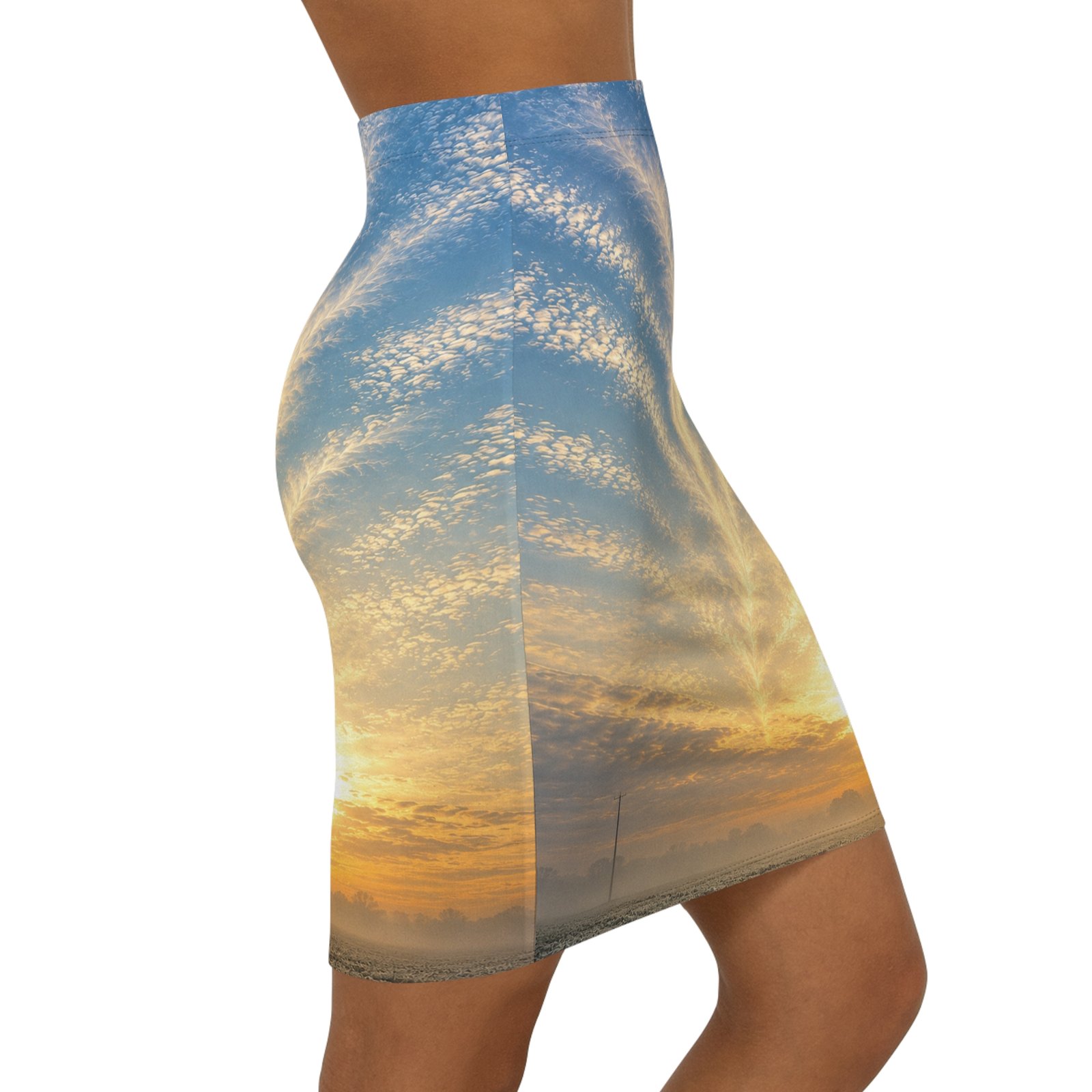 echoflame sunrise sky pencil skirt — scenic cloud print midi echoflame sunrise sky pencil skirt — scenic cloud print midi