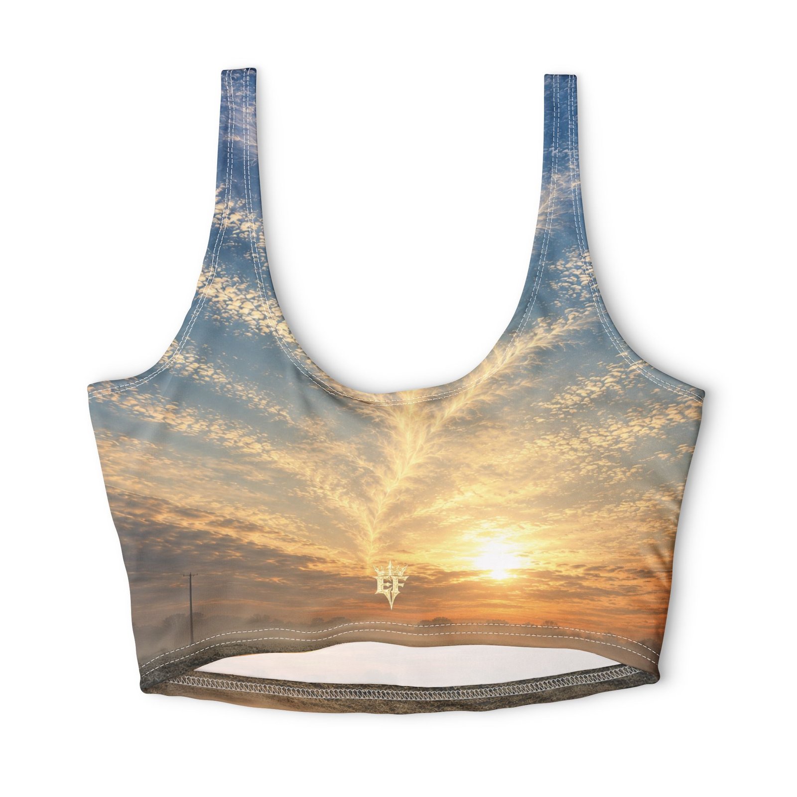 echoflame sunrise sky sports bra — all over print athletic crop top echoflame sunrise sky sports bra — all over print athletic crop top