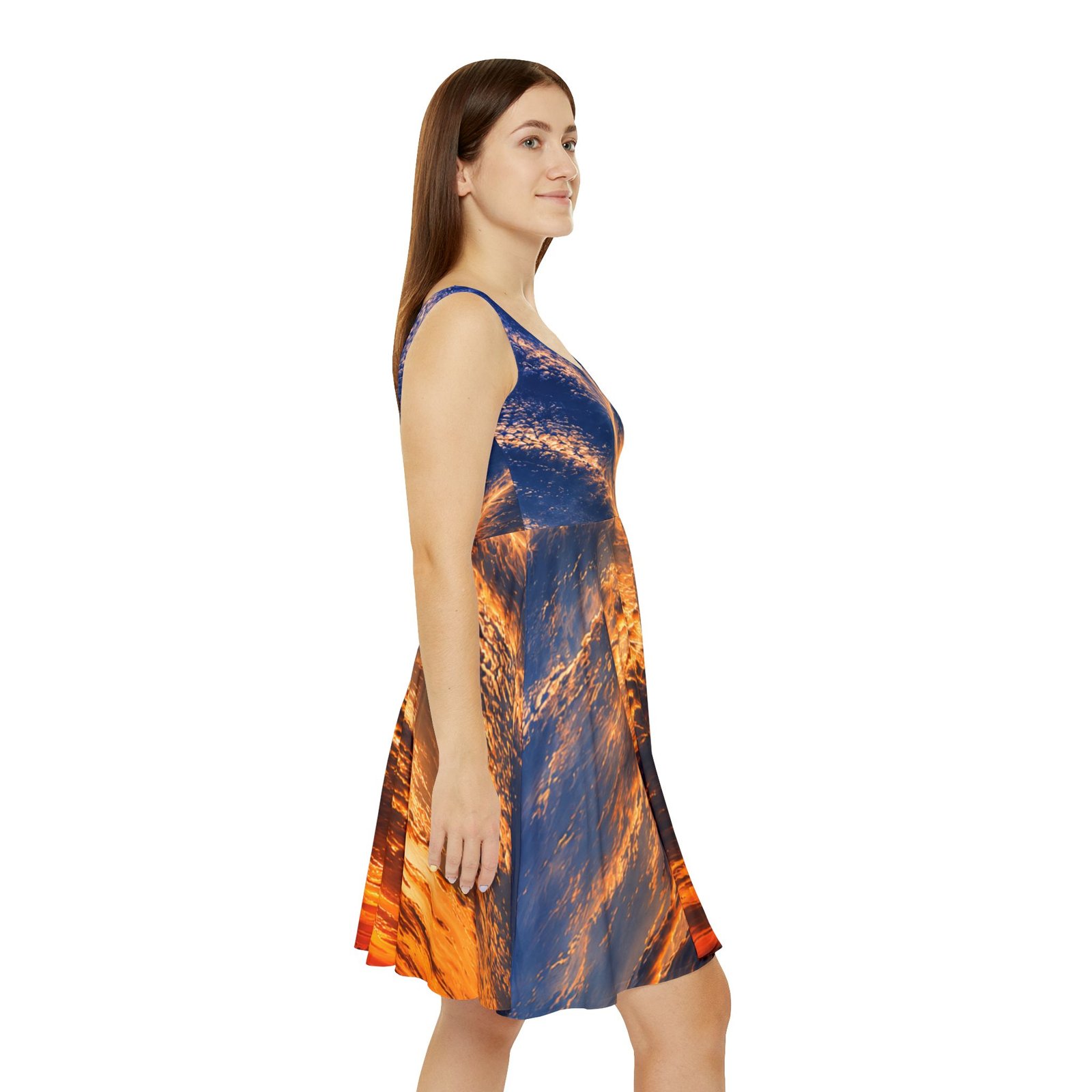 echoflame sunset sky skater dress — golden cloud sunset print echoflame sunset sky skater dress — golden cloud sunset print