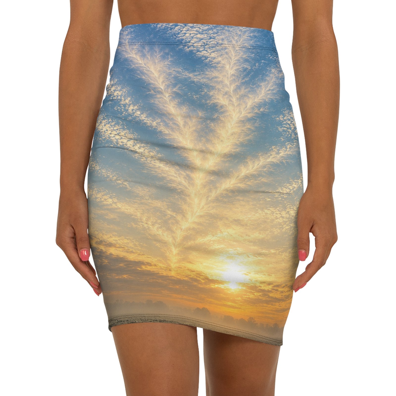 echoflame sunrise sky pencil skirt — scenic cloud print midi echoflame sunrise sky pencil skirt — scenic cloud print midi