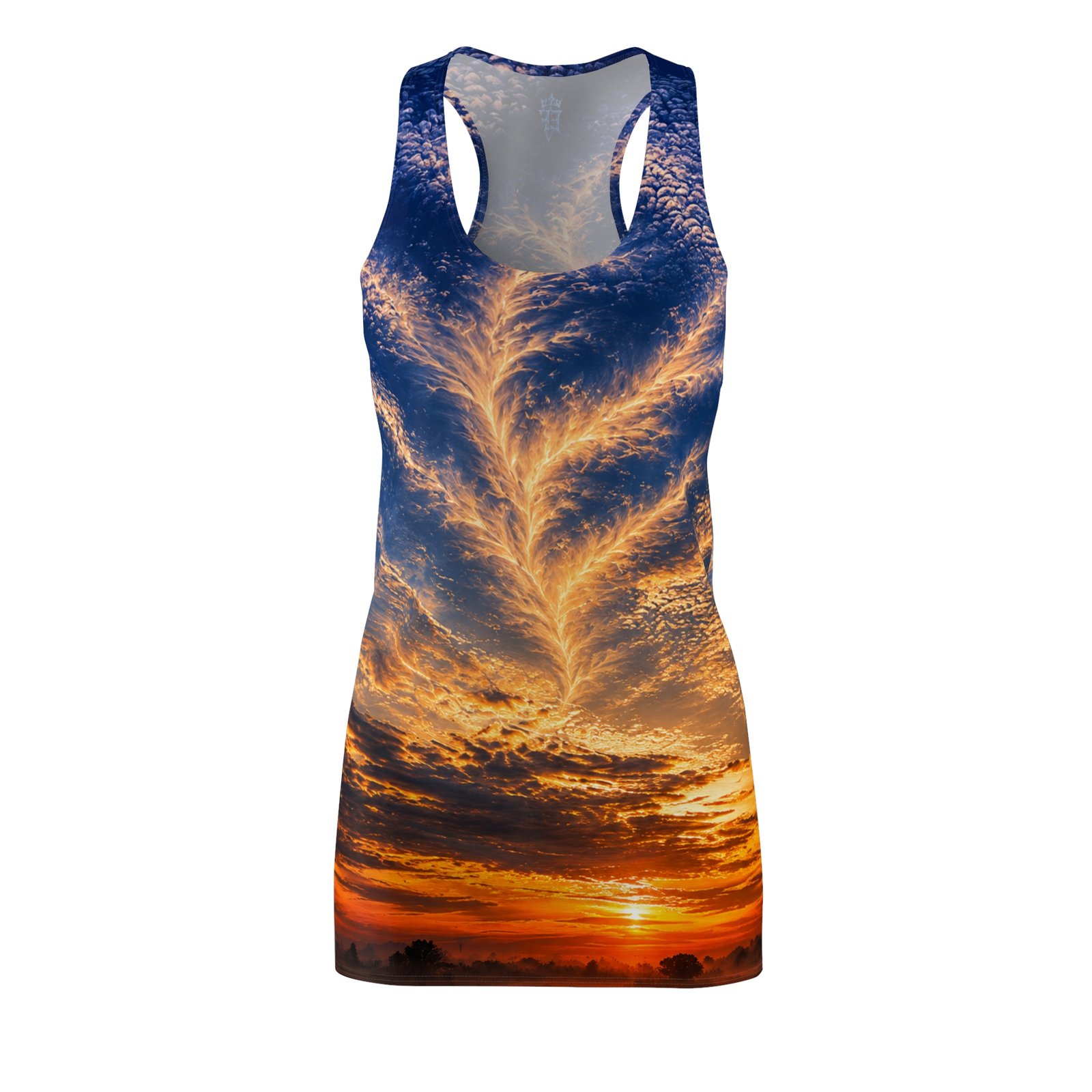 echoflame sunset sky racerback dress — golden feather cloud print echoflame sunset sky racerback dress — golden feather cloud print