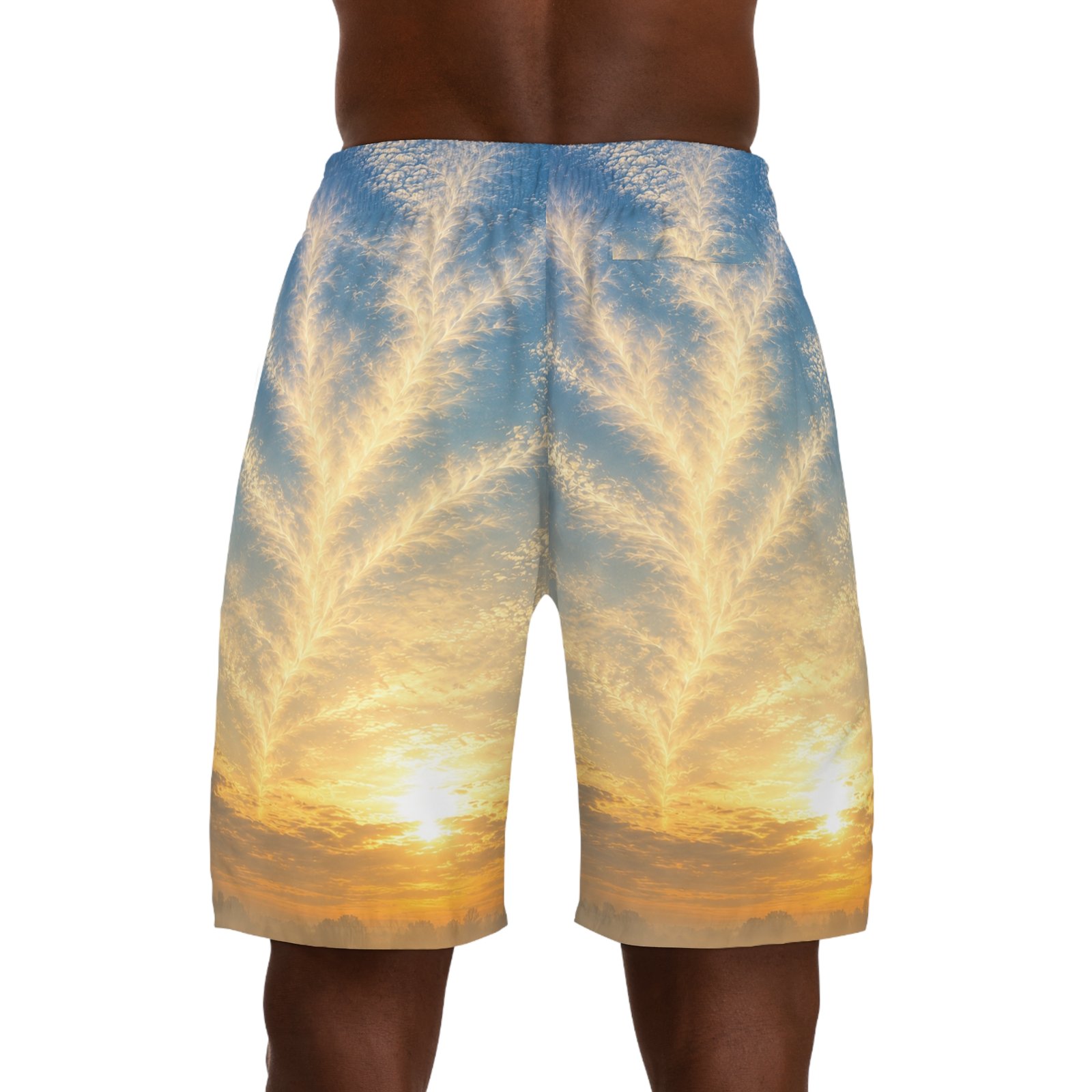 echoflame sunrise sky print jogger shorts — golden cloudburst all over print echoflame sunrise sky print jogger shorts — golden cloudburst all over print
