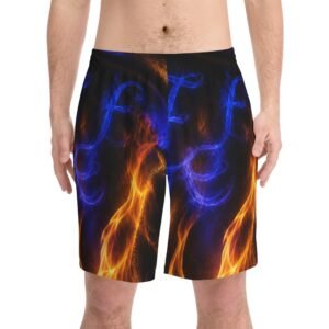 echoflame flame & smoke men's beach shorts — blue and orange fire aop
