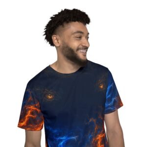 echoflame dragon eyes nebula men's jersey — fiery blue & orange all over print